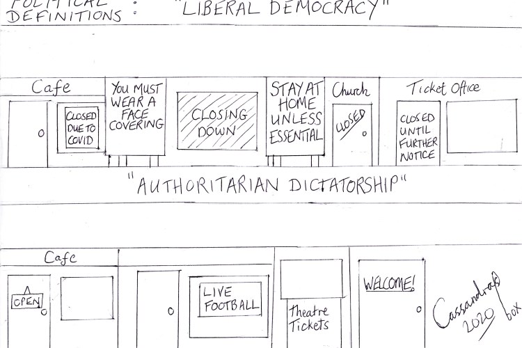 Cartoon: Top banner reads 'Political definitions: Liberal democracy' Shows row of shops with banners "Closed due to Covid, you must wear a face covering, closing down, stay home unless essential, closed until further notice" Below that reads: Authoritarian dictatorship showing row of open shops and pub showing live football