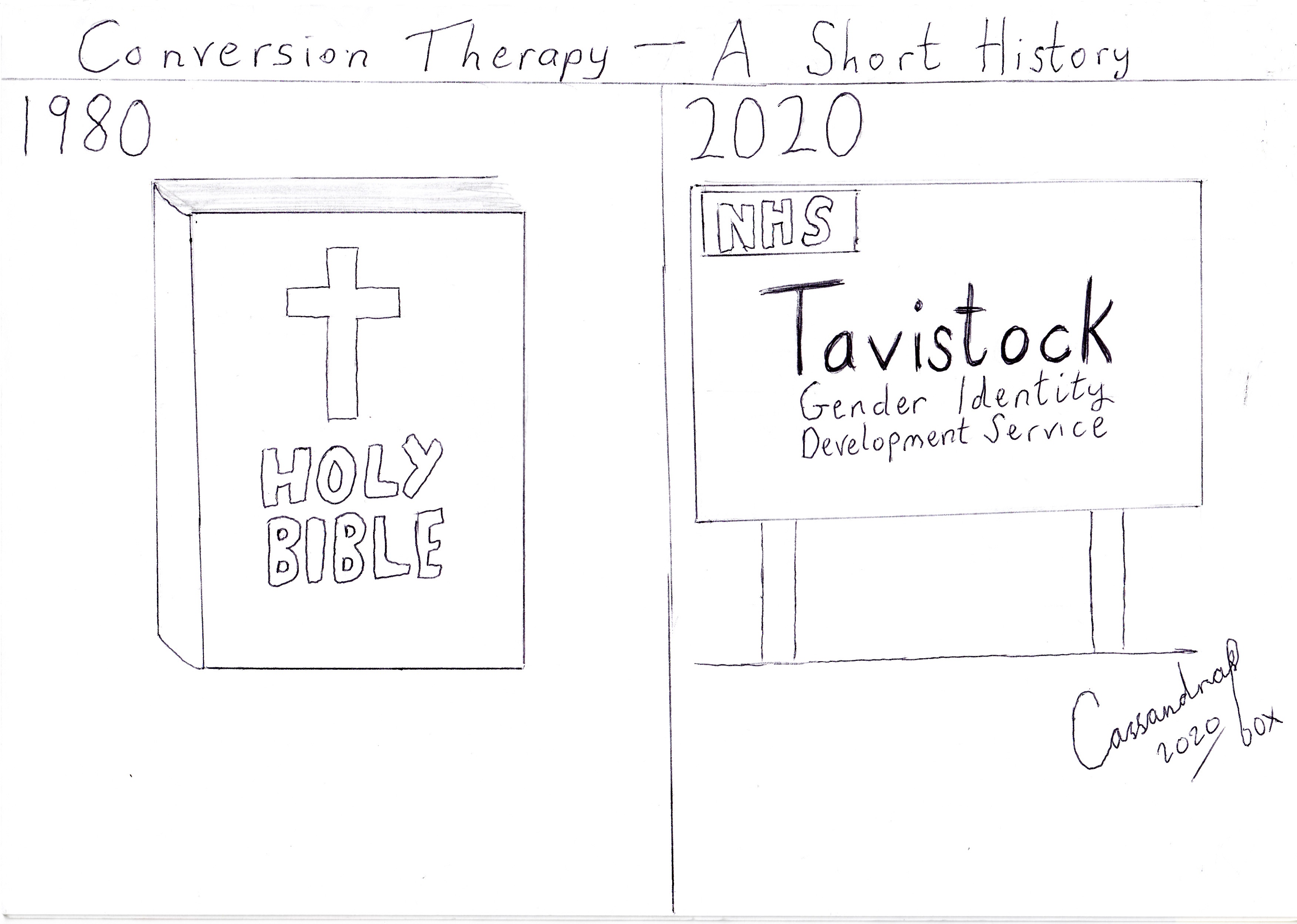 Cartoon reading 'Conversion Therapy: A Short History'. On the left, the year 1980 with a Bible, on the right, the year 2020 with a sigh stating 'NHS Tavistock Gender Identity Development Service'