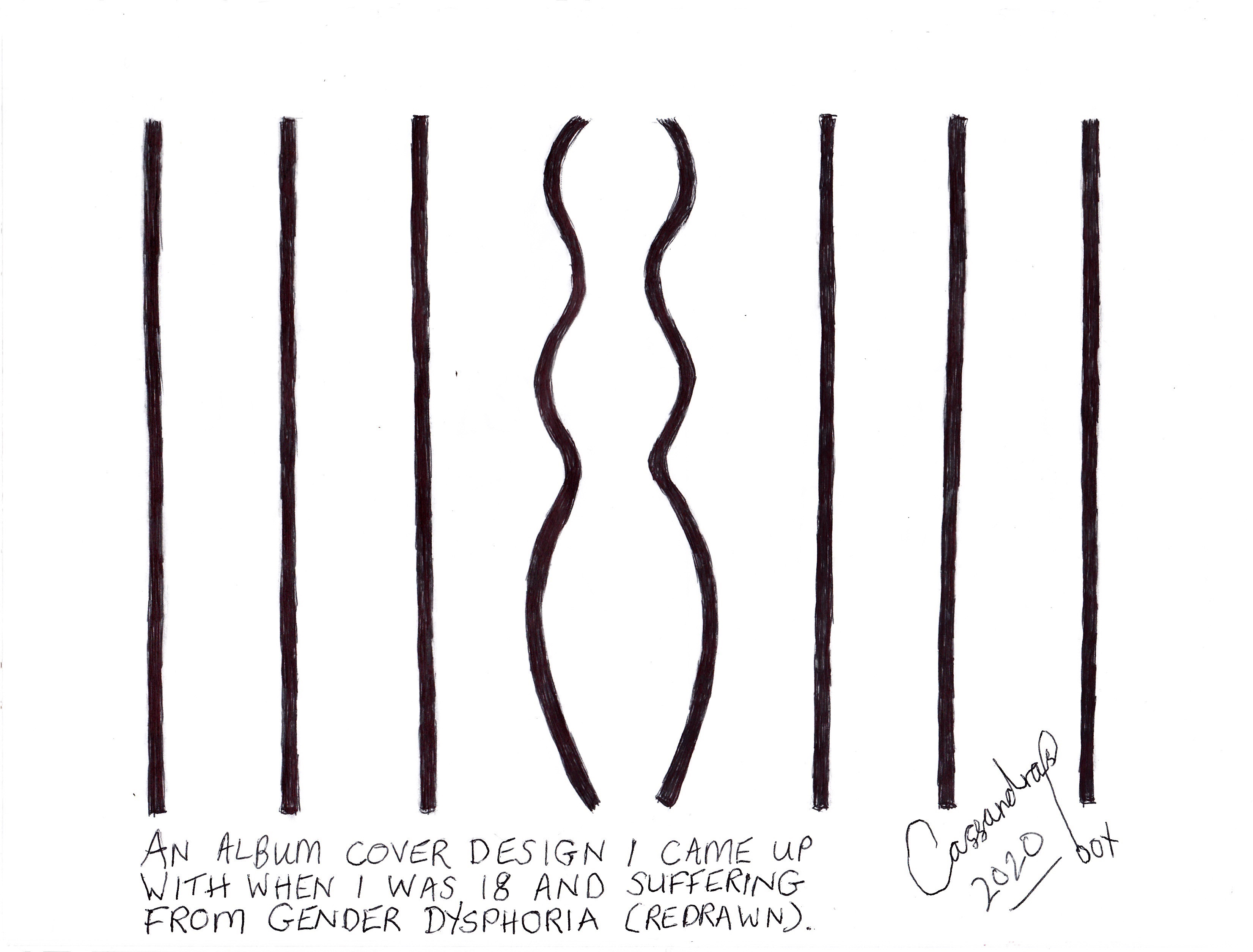 Cartoon showing prison bars with two bent to form a female silhouette, text reads An album cover design I came up with when I was eighteen suffering from gender dysphoria (redrawn).