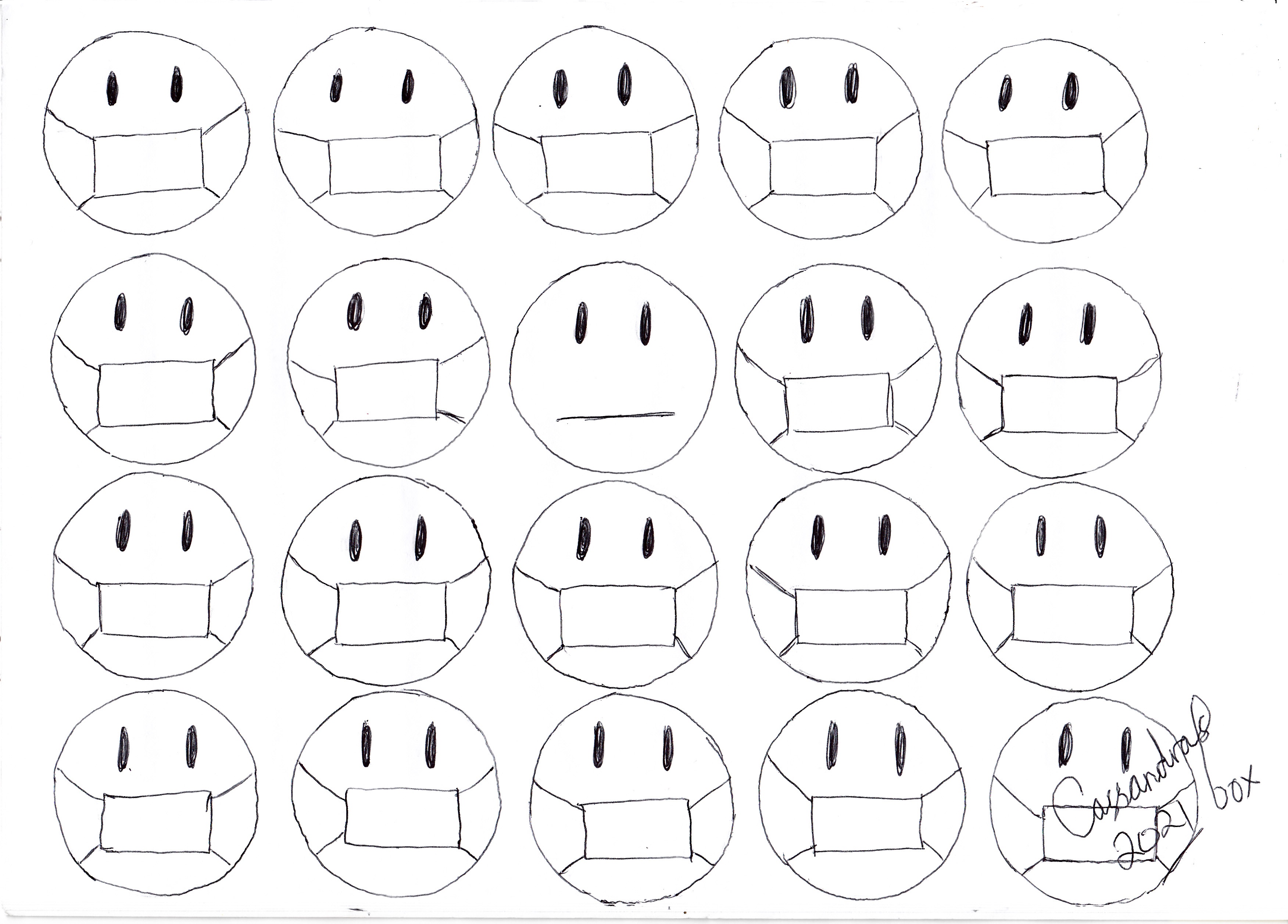 Cartoon of many emoji faces in masks with one person without a mask with a line for a mouth