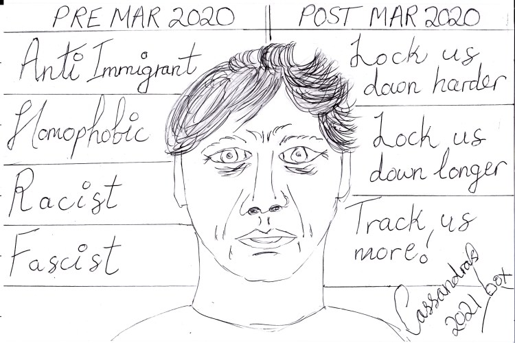 Cartoon depicting Boris Johnson. Text on Left Pre March 2020: Anti Immigrant, Homophobic, Racist, Fascist. Text on right: Post March 2020. Lock us down harder, lock us down longer, track us more!