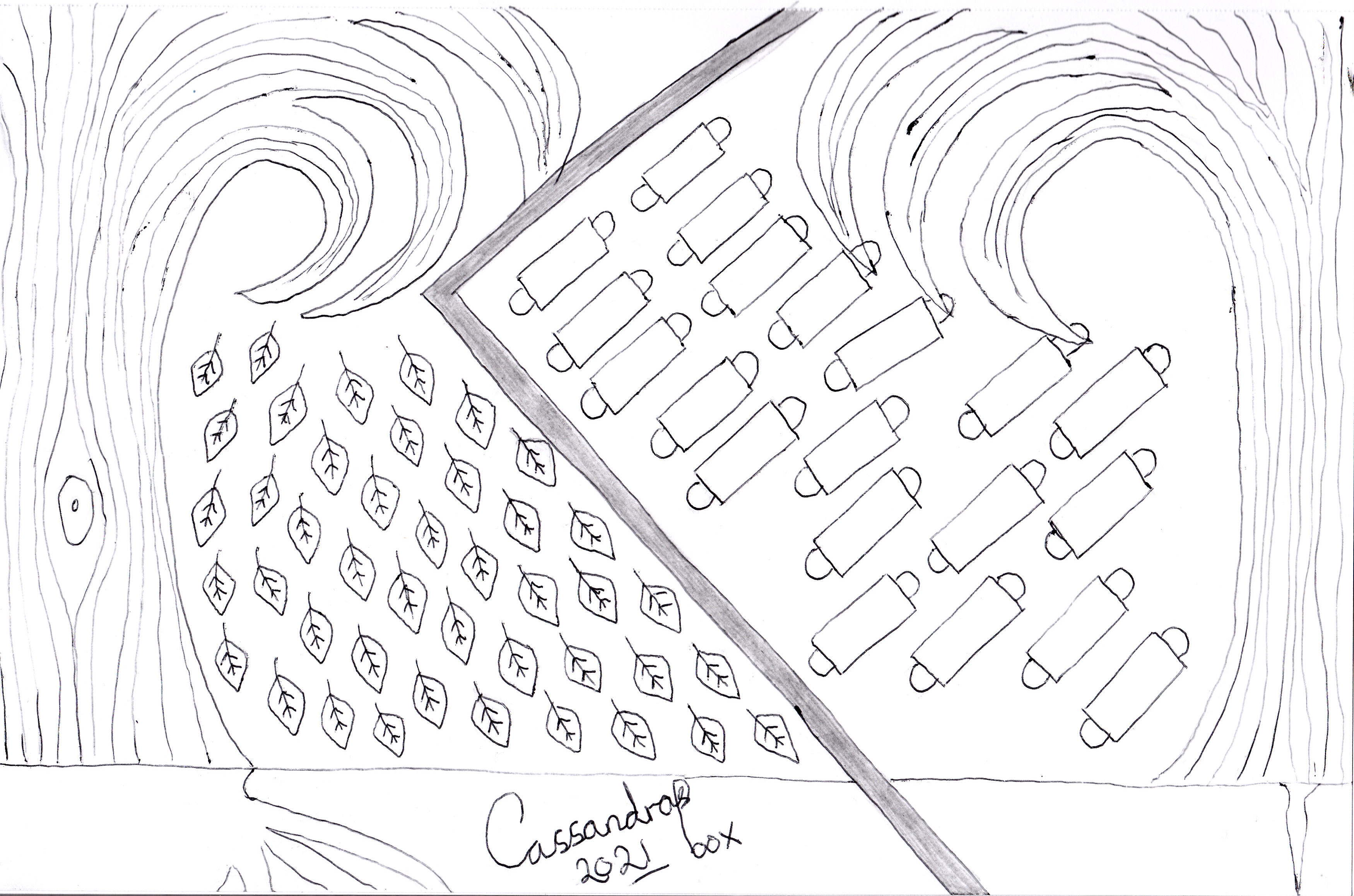 Left: tree with leaves falling. Right: Tree with medical Covid-19 masks falling from it.