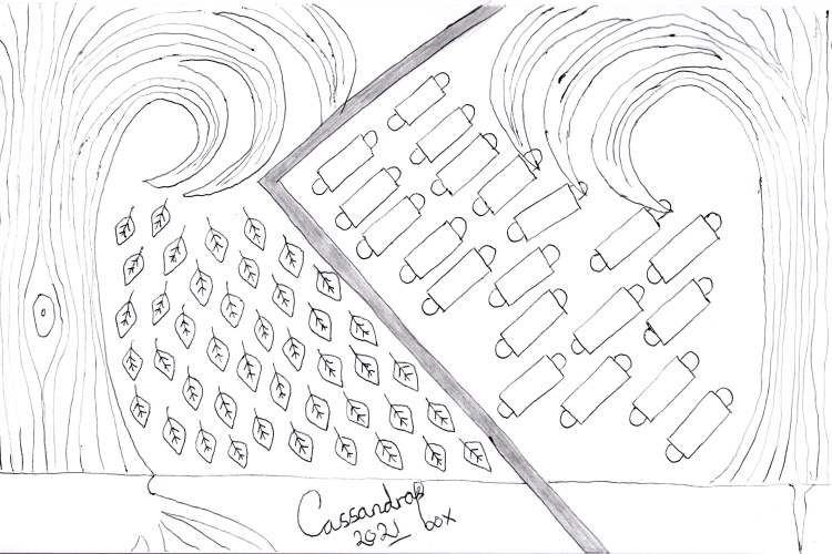 Left: tree with leaves falling. Right: Tree with medical Covid-19 masks falling from it.