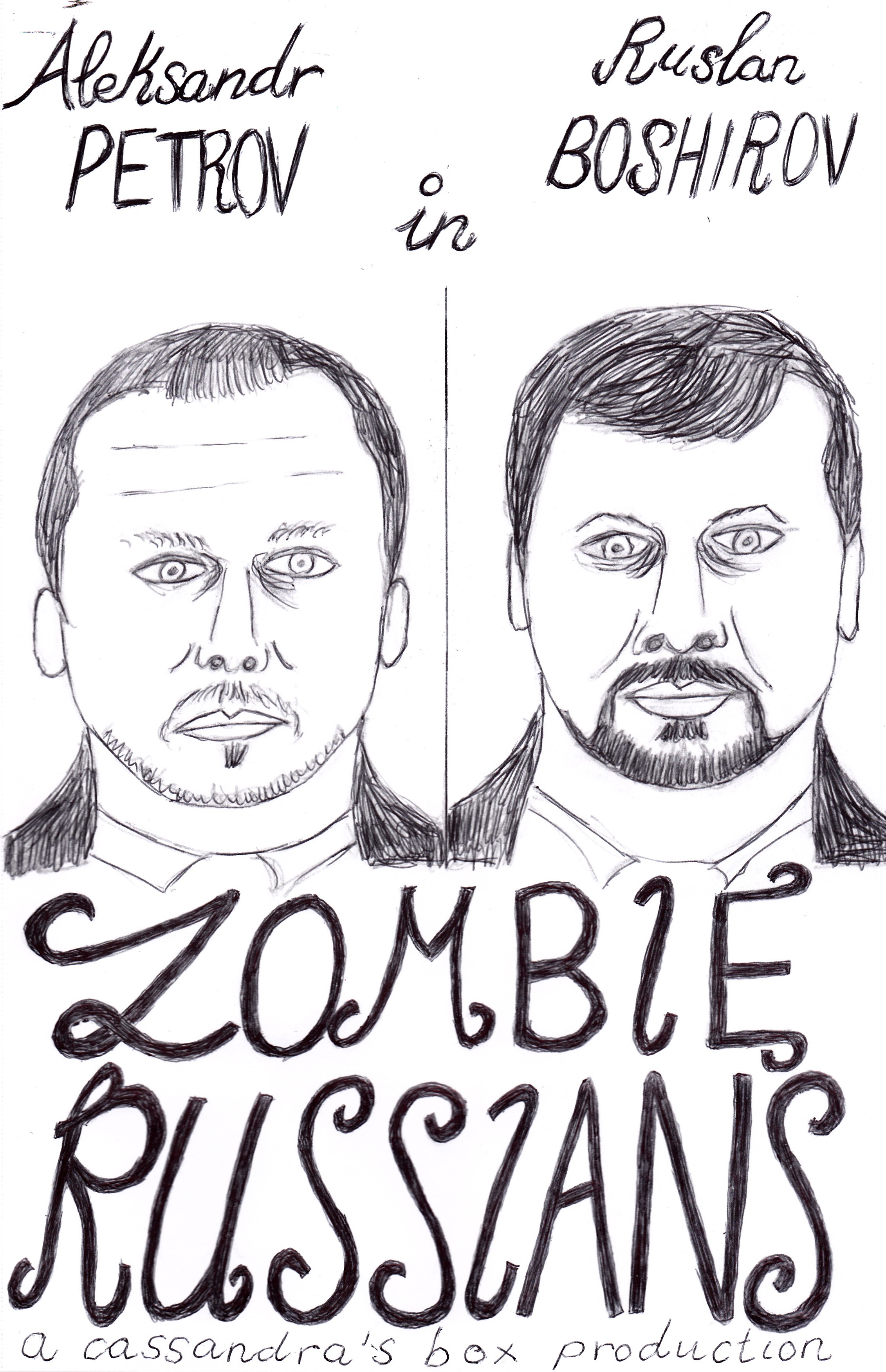 Mock film poster with Caricature of Alexander Petrov and Ruslan Boshirov. Film title: Zombie Russians, a cassandra's box production