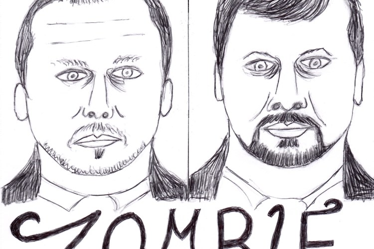 Mock film poster with Caricature of Alexander Petrov and Ruslan Boshirov. Film title: Zombie Russians, a cassandra's box production