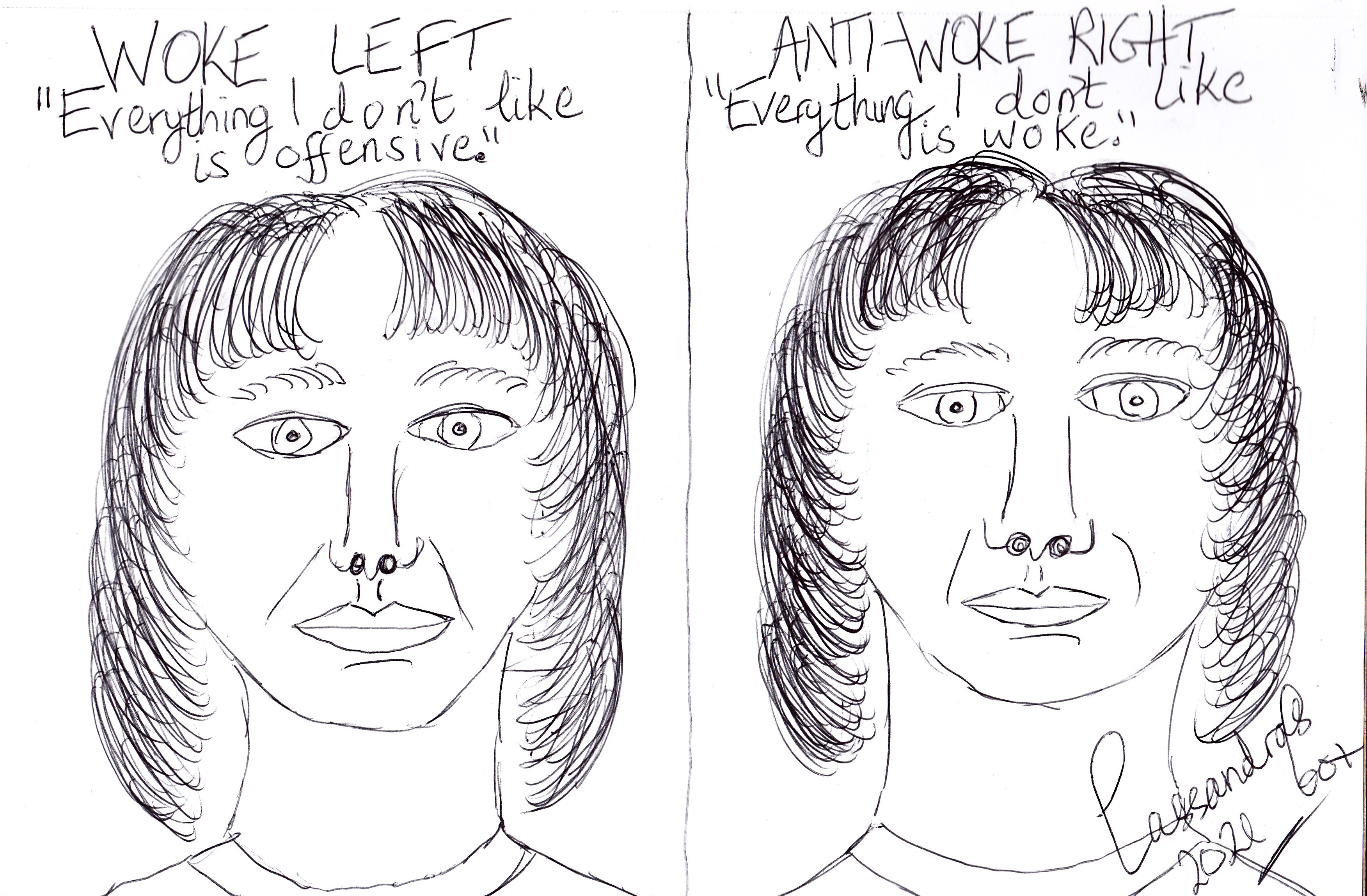 Cartoon reading on the left "Woke left: everything I don't like is offensive" on the right "Anti-woke right: Everything I don't like is woke"