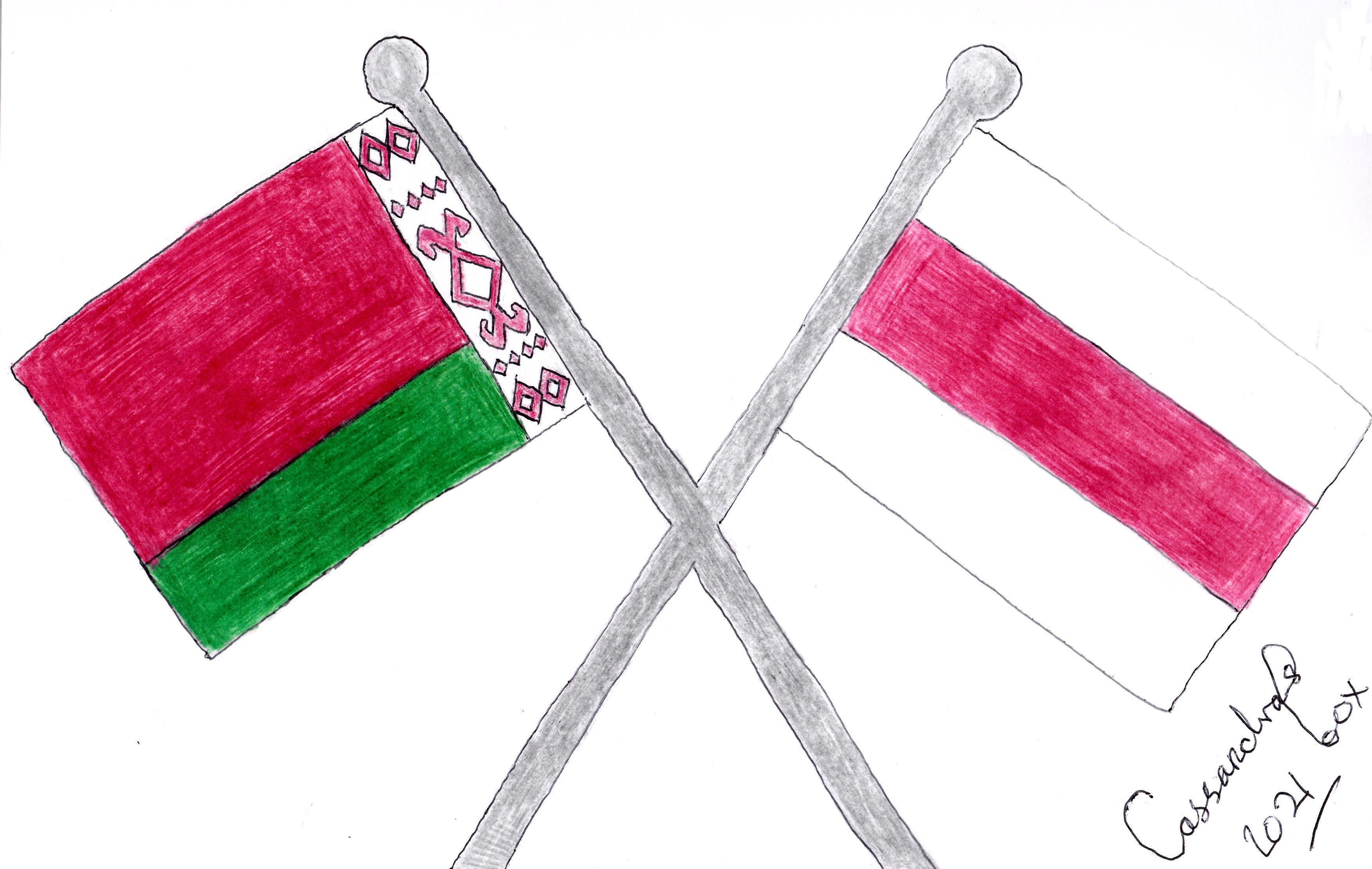 Two overlapped flags: one showing the current Belarussian flag of red and green and the other showing the opposition Belarus flag of red and white.