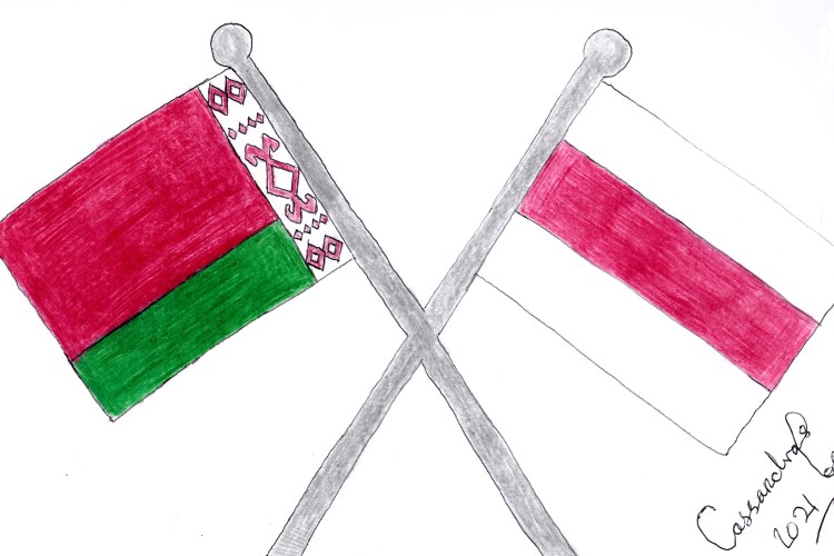 Two overlapped flags: one showing the current Belarussian flag of red and green and the other showing the opposition Belarus flag of red and white.
