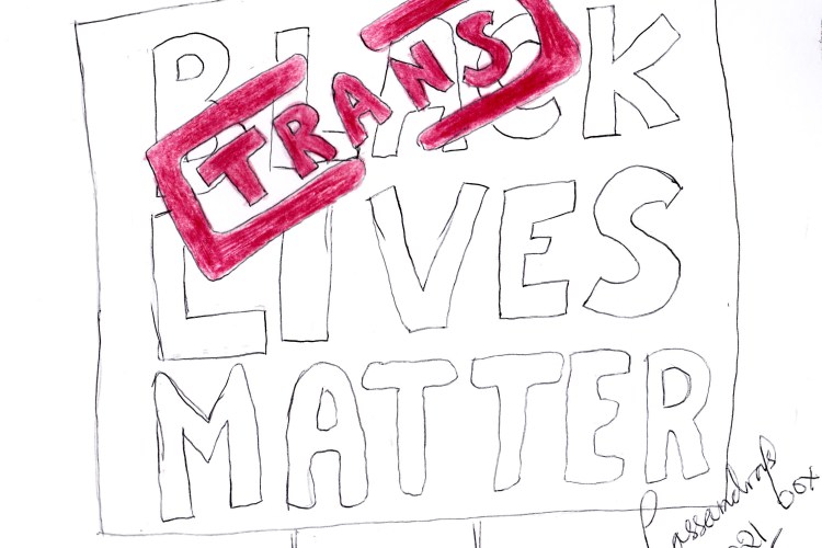 Cartoon with sign reading "Black Lives Matter' The word black is stamped over with Trans in red text.