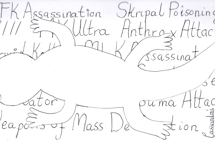 Outline of a lizard with multiple conspiracy theories listed.
