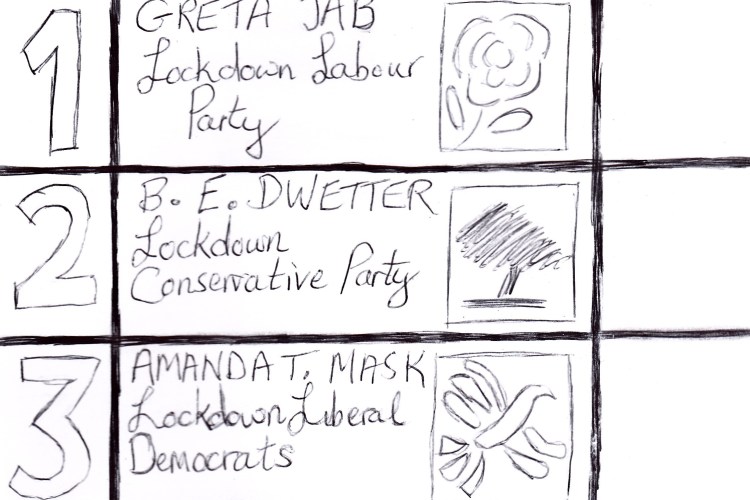 Mock ballot paper. Candidates: Greta Jab Lockdown Labour Party, B. E. Dwetter Lockdown Conservative Party, Amanda T Mask Lockdown Liberal Democrats, Klim Matlock Lockdown Green Party.