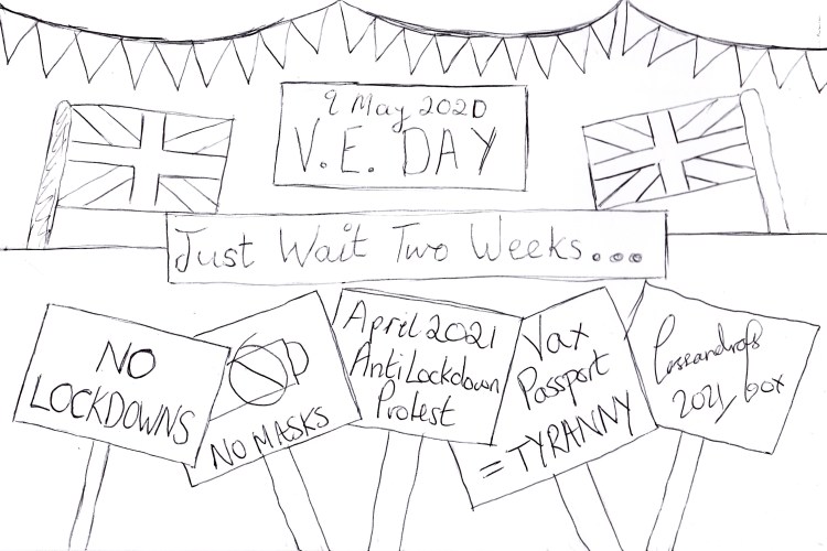 Image showing events that may have breached lockdown regulations with the text 'Just wait two weeks...'