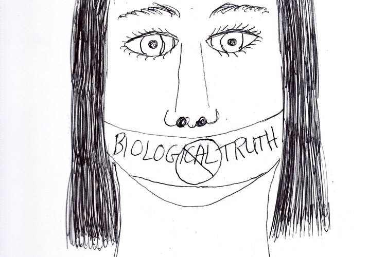 Gagged woman cartoon, the gag reads 'Biological Truth'.