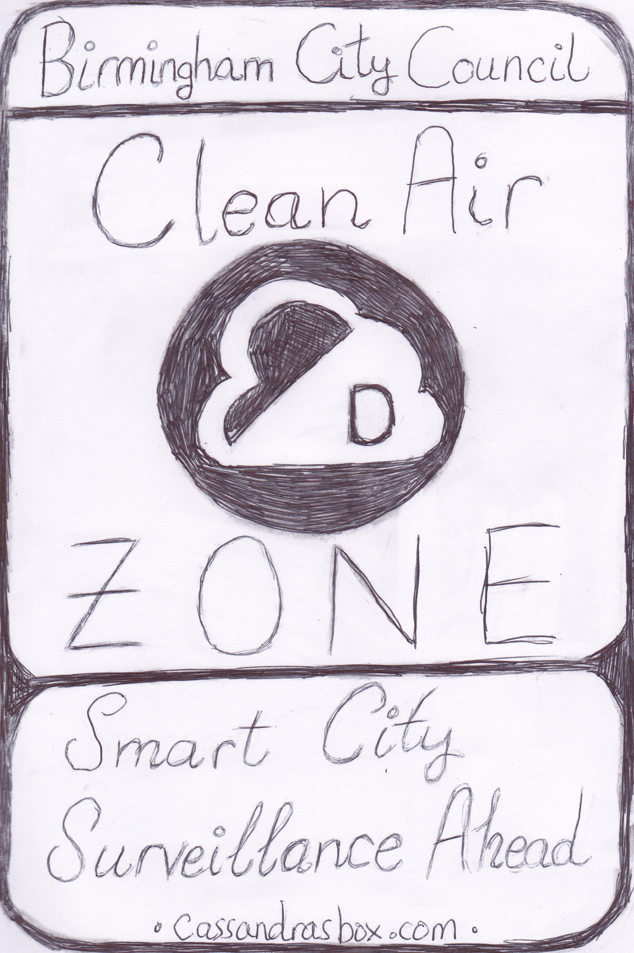 Cartoon reading Birmingham City Council, Clean Air Zone: Smart City Surveillance Ahead