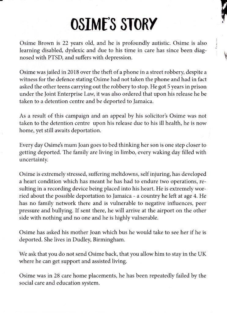 Leaflet summarising the story of Osime Brown stating he was jailed in 2018 over a trivial offense under the Joint Enterprise Law and is under threat of deportation to Jamaica.