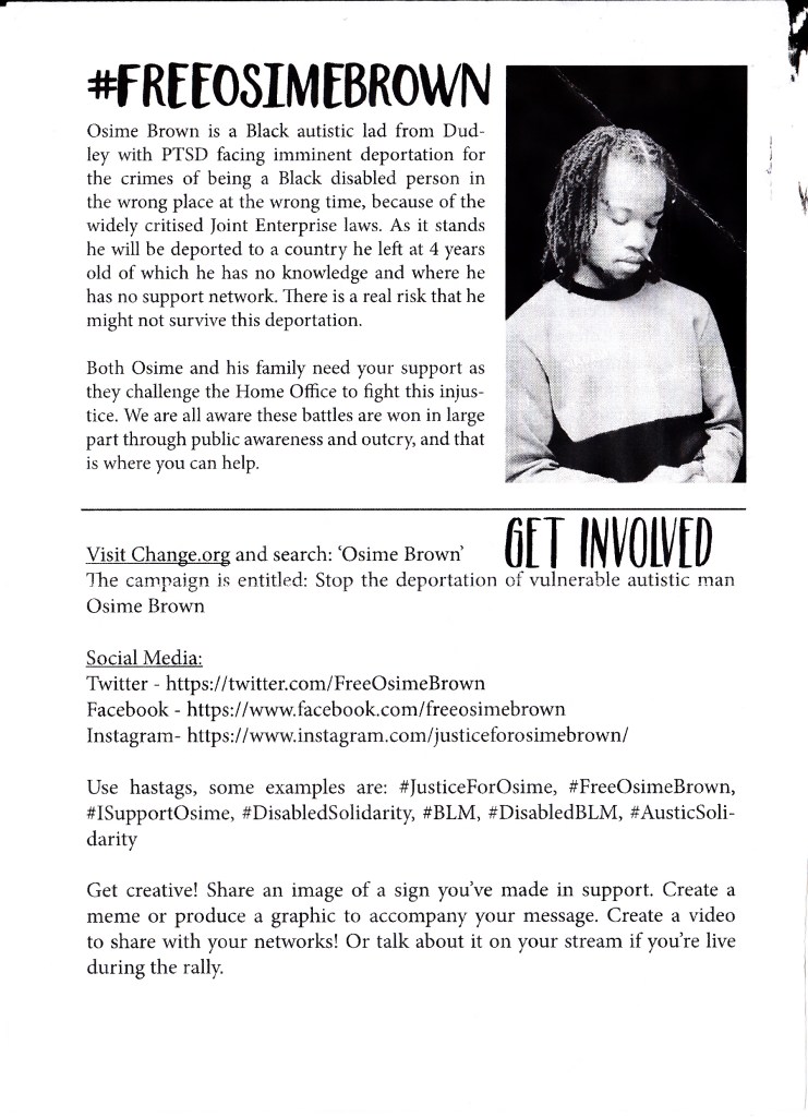 Leaflet reading #FreeOsimeBrown summarising the case. 