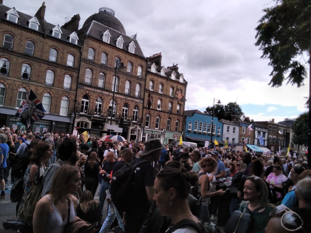 Large crowd of protesters. Yellow and Union Jack flags are present. 