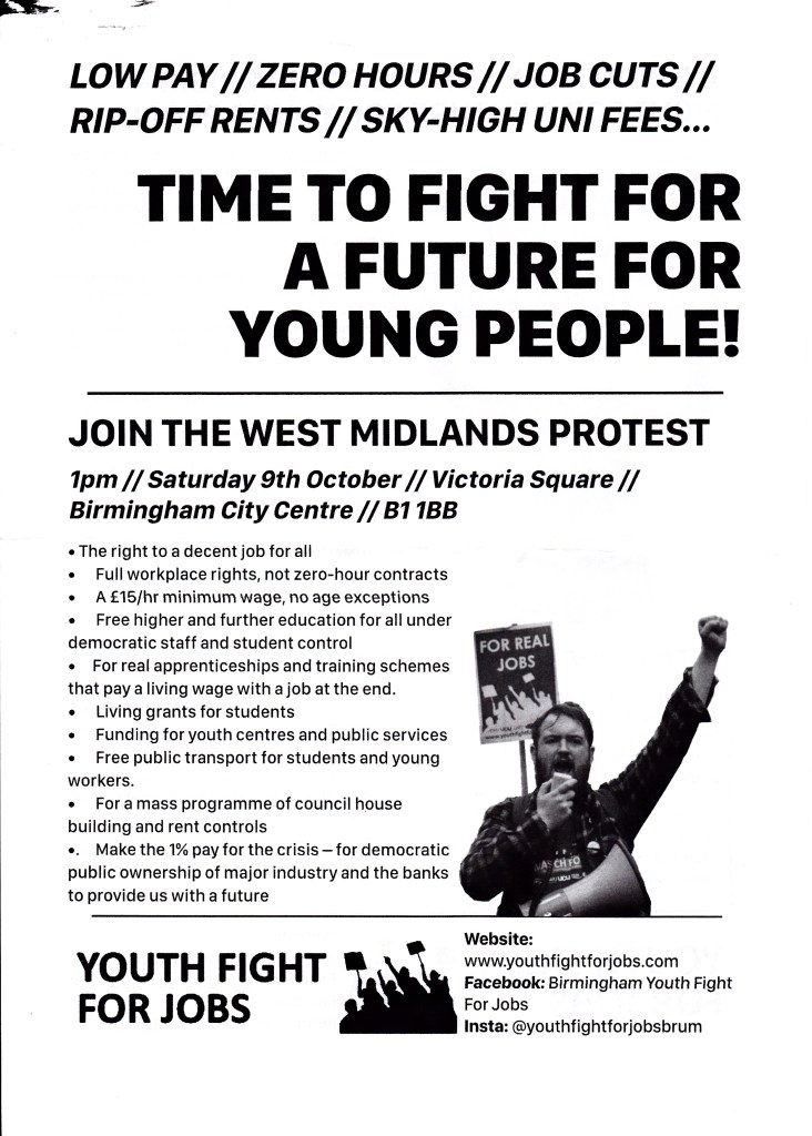 Leaflet summarising the demands of the Socialist Party for higher minimum wage, no zero hours contracts and funding for housing. 