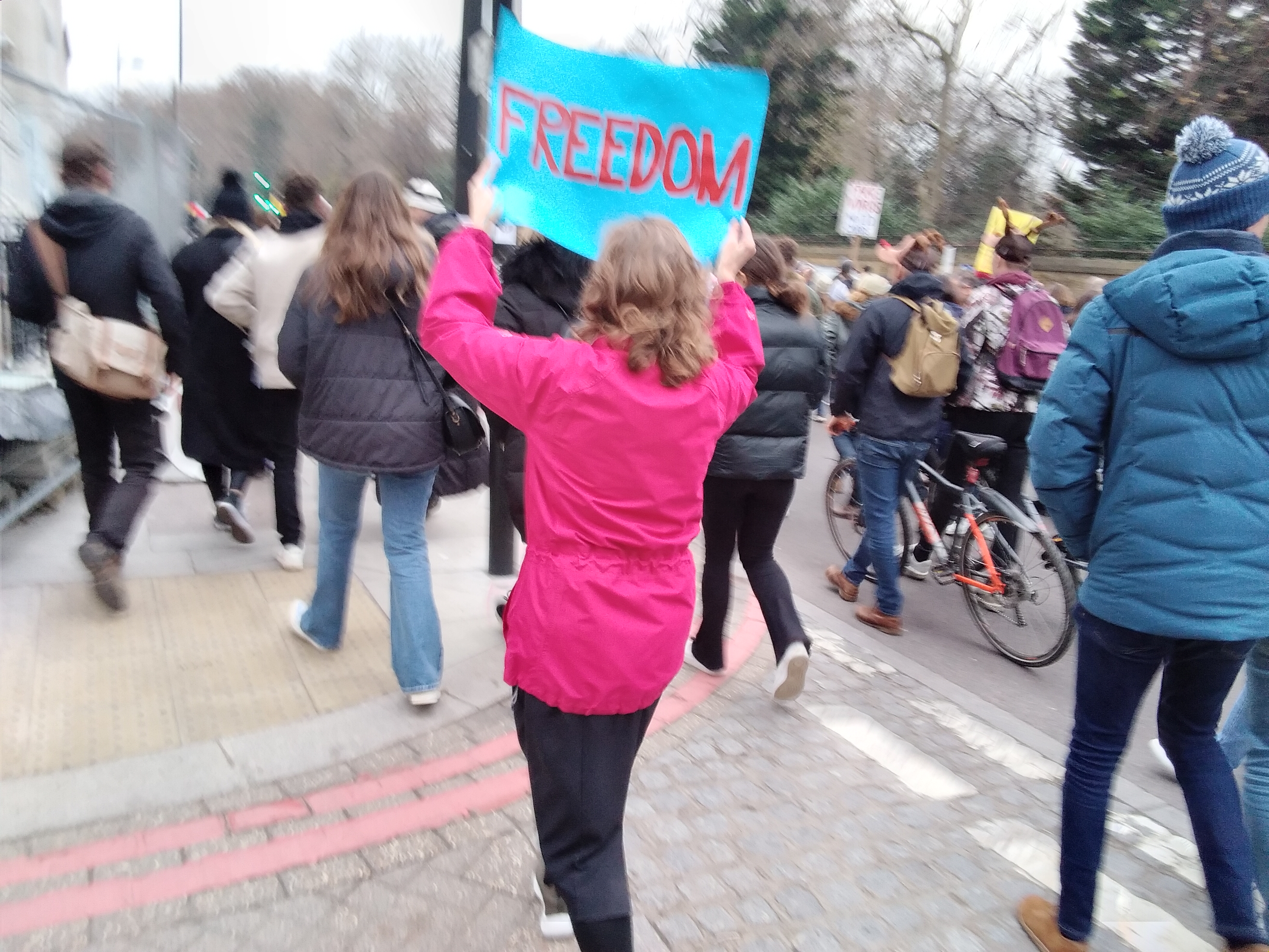 Woman in pink coat holding sign reading 'Freedom' while marching
