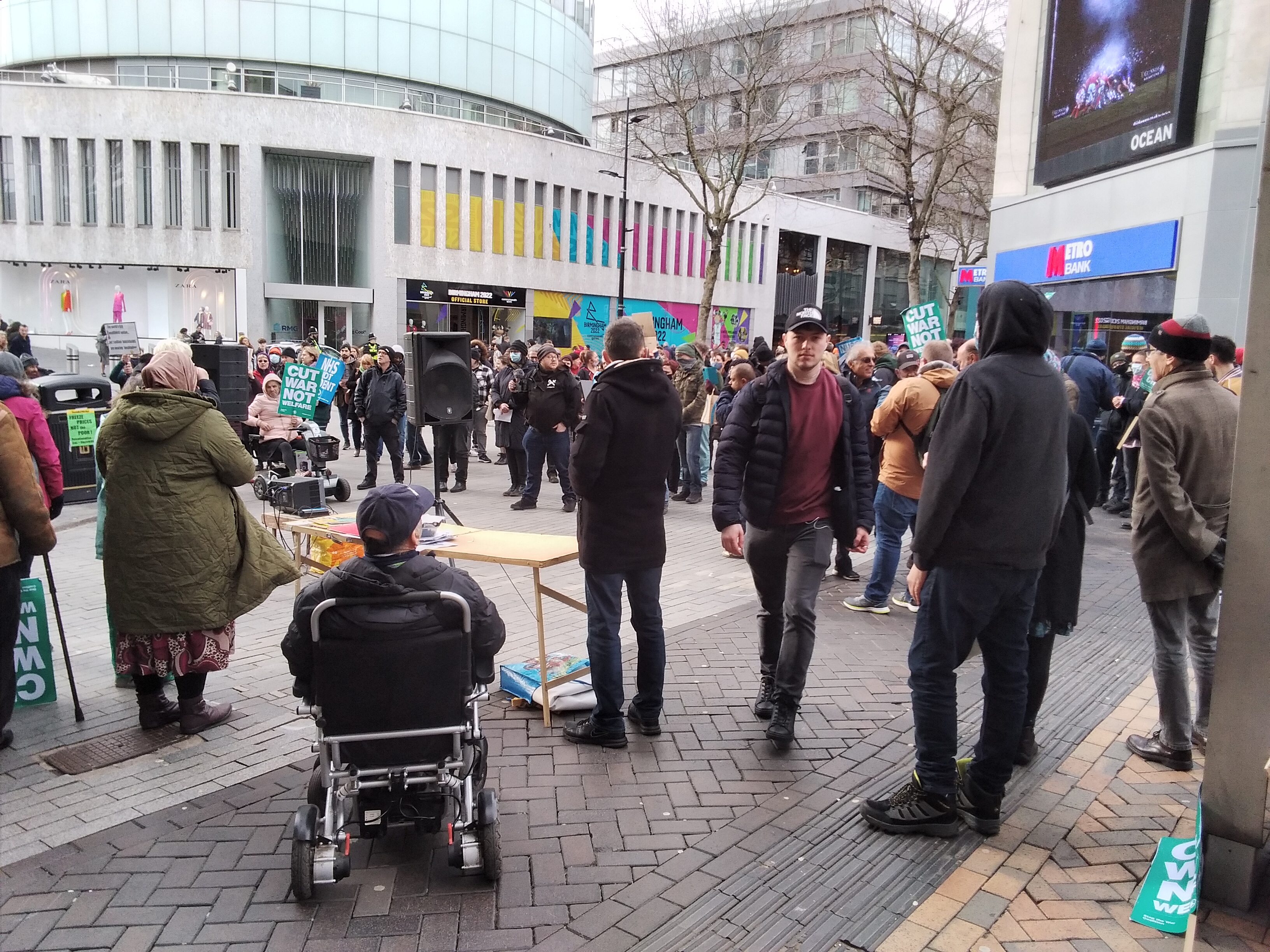 Protesters opposite Metro Bank in Birmingham City Centre.