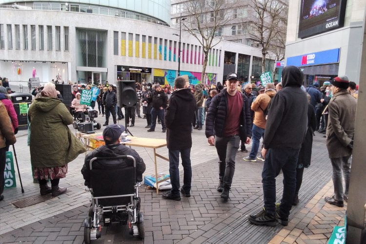 Protesters opposite Metro Bank in Birmingham City Centre.