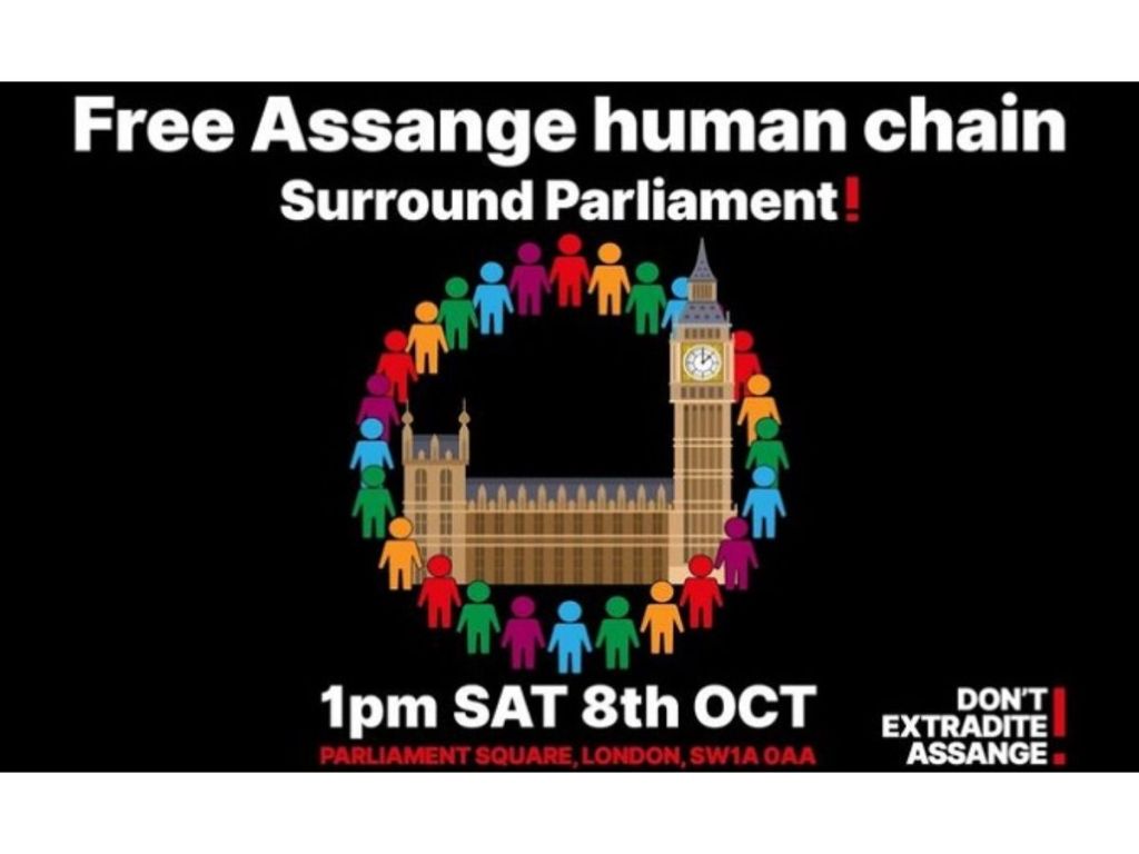 Flyer with cartoon stick figures around the Houses of Parliament saying Free Assange Human Chain: 1pm Sat 8th Oct