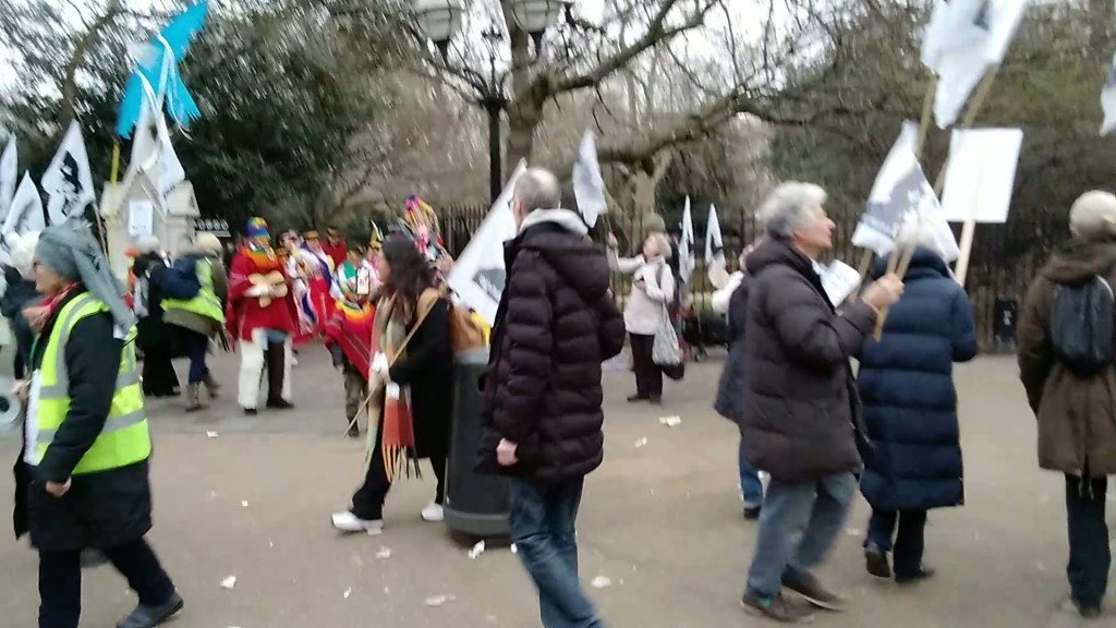 Crowd of people with brightly dressed ukulele player in the background