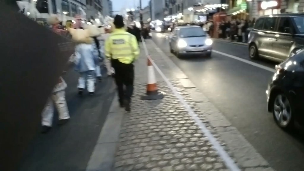Crowd watching the Julian Assange carnival walk through London.
