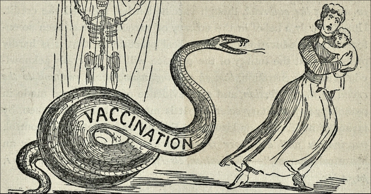 A 19th century cartoon depicting Vaccination as a Snake attacking a mother and child. The snake has a skeleton behind him.